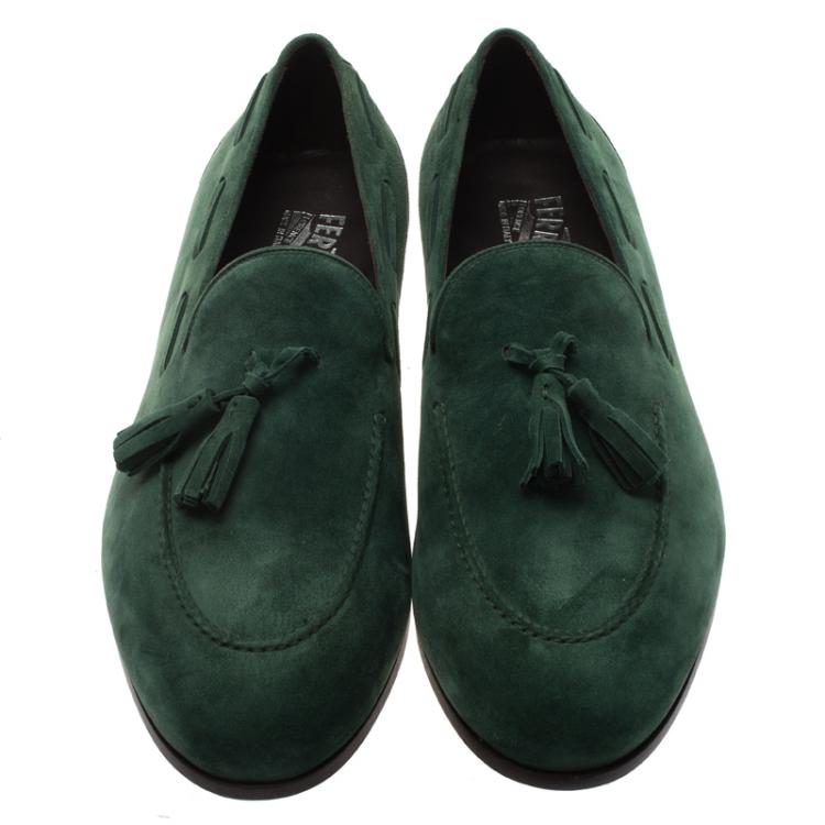 Pre Owned Salvatore Ferragamo Green Suede Loreno Tassel Loafers Size 44