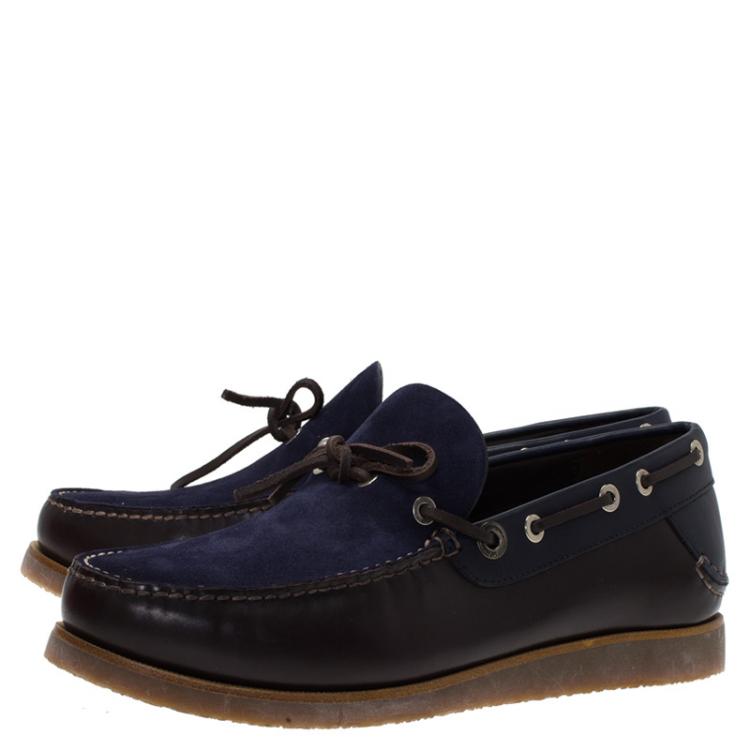 مملوكة مسبقًا Salvatore Ferragamo Blue Leather and Suede Manila Bow Loafers Size 41