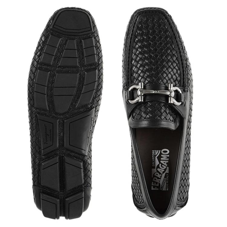 Pre Owned Salvatore Ferragamo Black Woven Leather Parigi Gancio Bit Loafers Size 41.5