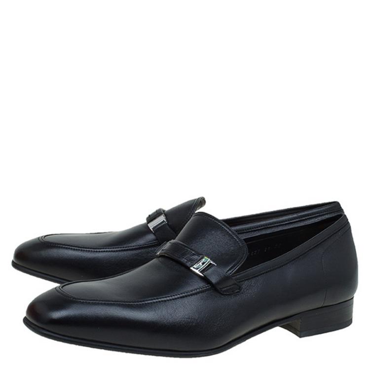 مملوكة مسبقًا Salvatore Ferragamo Black Leather Lino Loafers Size 44