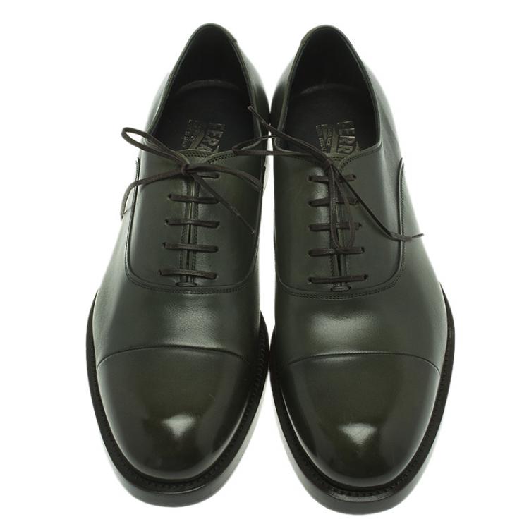 Pre Owned Salvatore Ferragamo Olive Leather Pride Oxfords Size 42.5