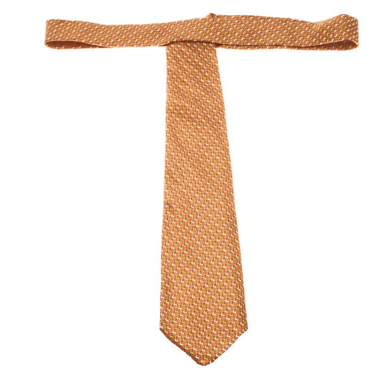 Pre Owned Salvatore Ferragamo Orange Equestrian Print Silk Tie