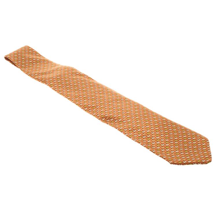Pre Owned Salvatore Ferragamo Orange Equestrian Print Silk Tie