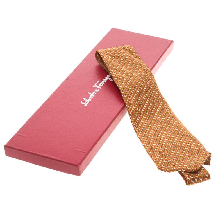 Pre Owned Salvatore Ferragamo Orange Equestrian Print Silk Tie