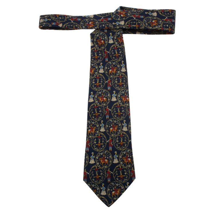 Pre Owned Salvatore Ferragamo Navy Blue Printed Silk Tie