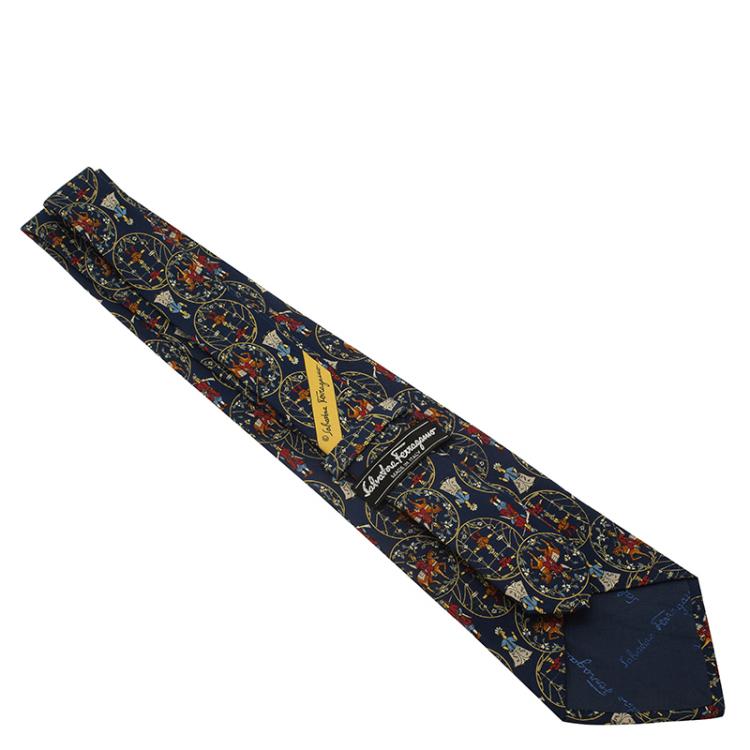 Pre Owned Salvatore Ferragamo Navy Blue Printed Silk Tie