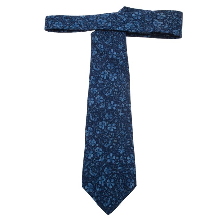 Pre Owned Salvatore Ferragamo Blue Flower and Birds Printed Silk Tie