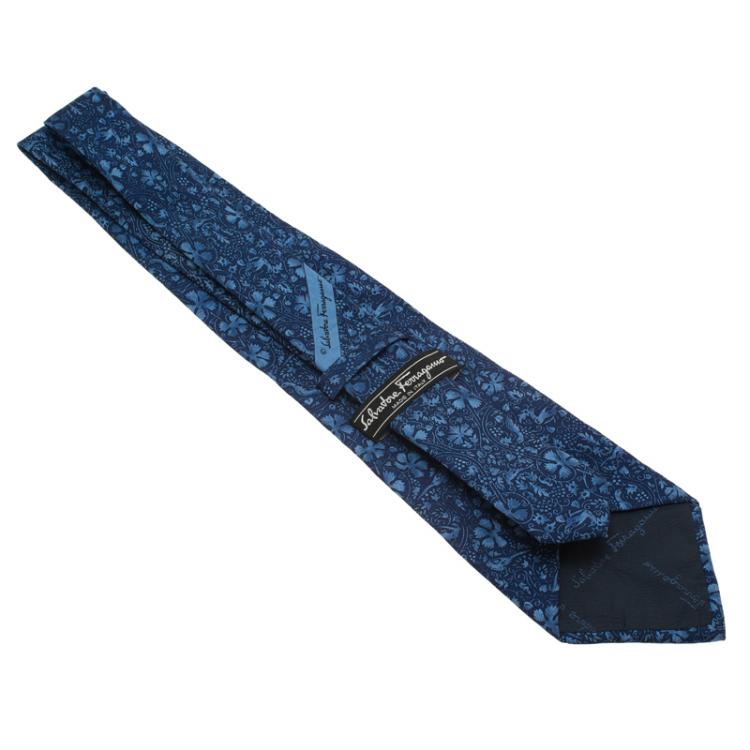 Pre Owned Salvatore Ferragamo Blue Flower and Birds Printed Silk Tie