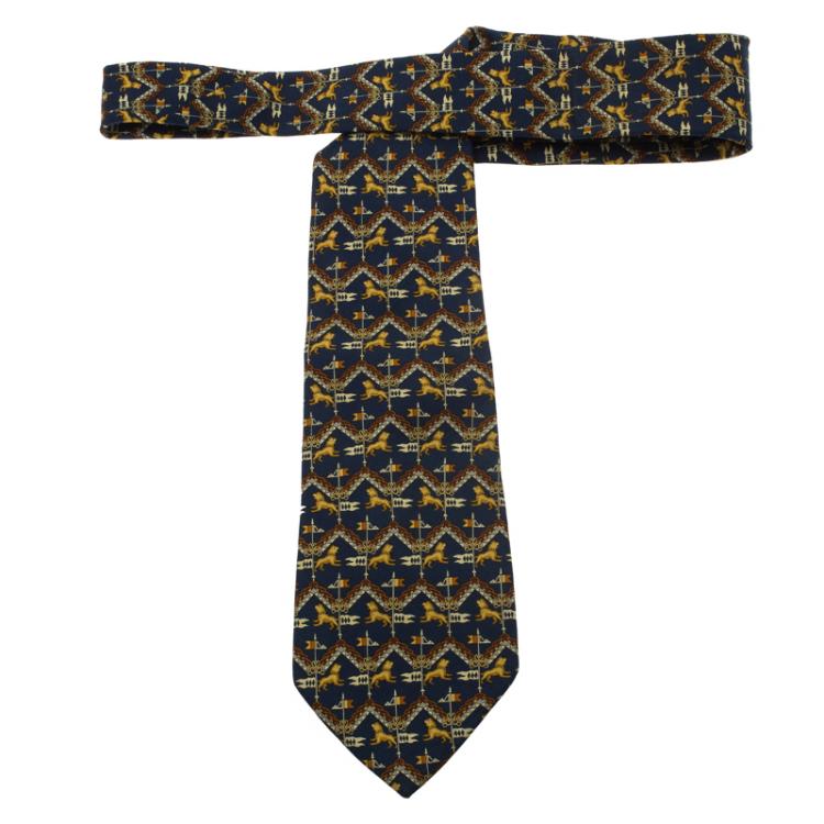 Pre Owned Salvatore Ferragamo Navy Blue Lions Print Silk Tie