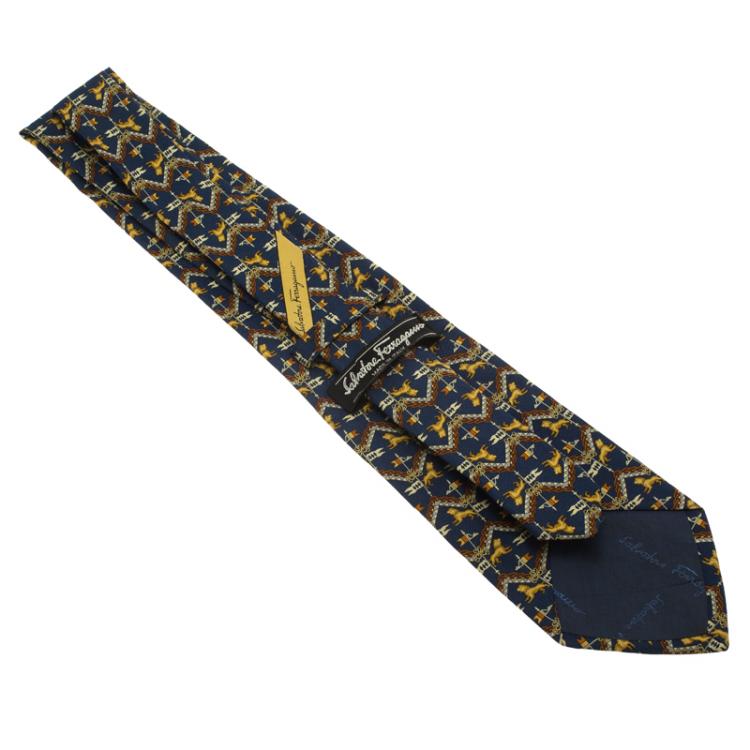 Pre Owned Salvatore Ferragamo Navy Blue Lions Print Silk Tie