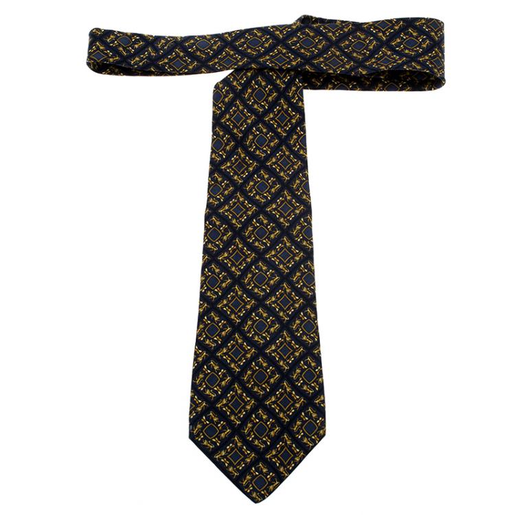 Pre Owned Salvatore Ferragamo Navy Blue Lion Print Silk Tie