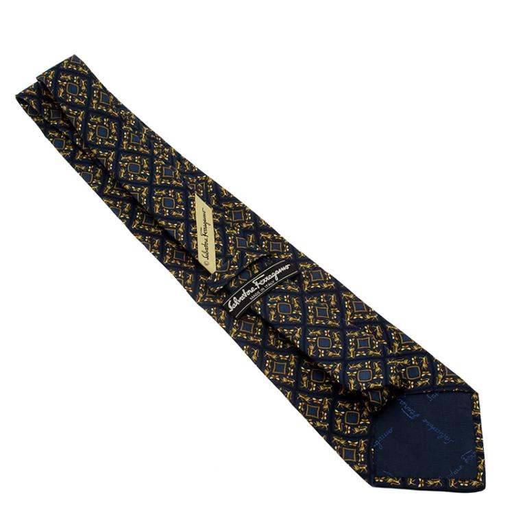 Pre Owned Salvatore Ferragamo Navy Blue Lion Print Silk Tie