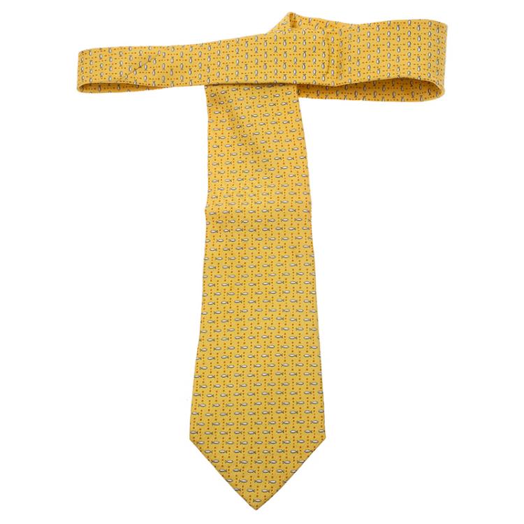 Pre Owned Salvatore Ferragamo Yellow Fish Print Silk Tie