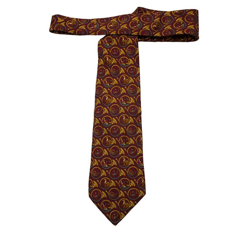 Pre Owned Salvatore Ferragamo Burgundy Trumpets Printed Silk Tie