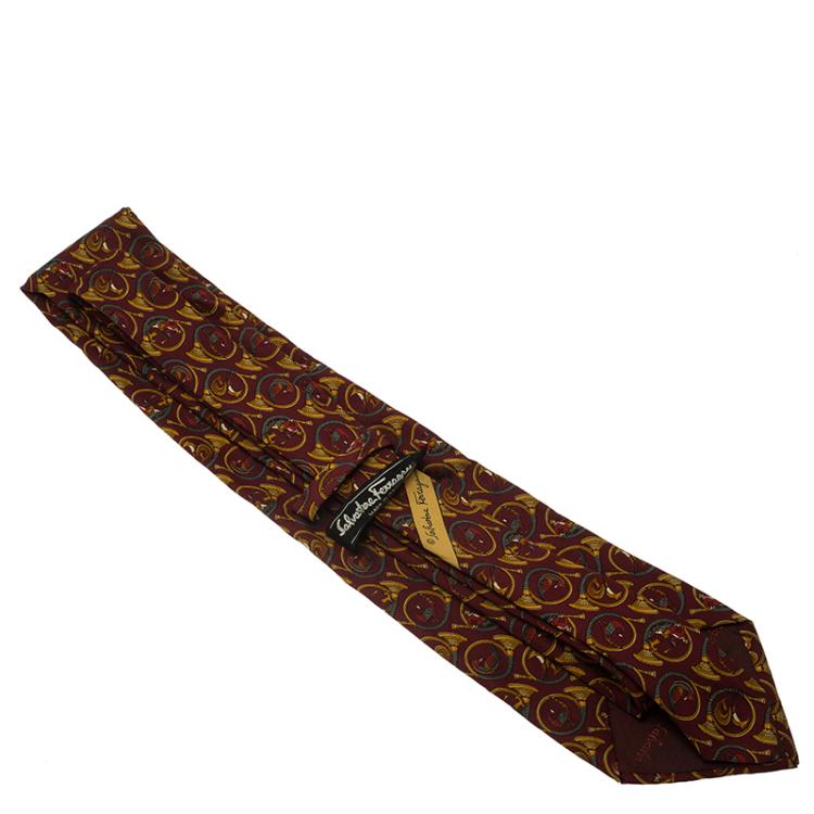 Pre Owned Salvatore Ferragamo Burgundy Trumpets Printed Silk Tie