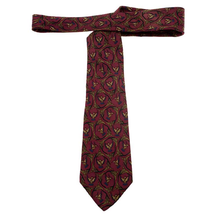 Pre Owned Salvatore Ferragamo Burgundy Birds Print Silk Tie