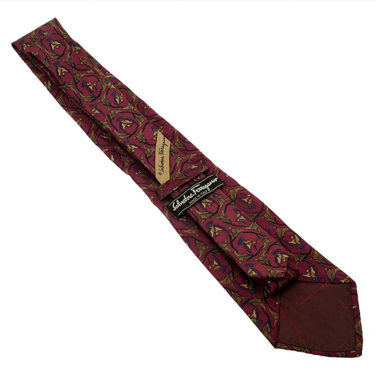 Pre Owned Salvatore Ferragamo Burgundy Birds Print Silk Tie