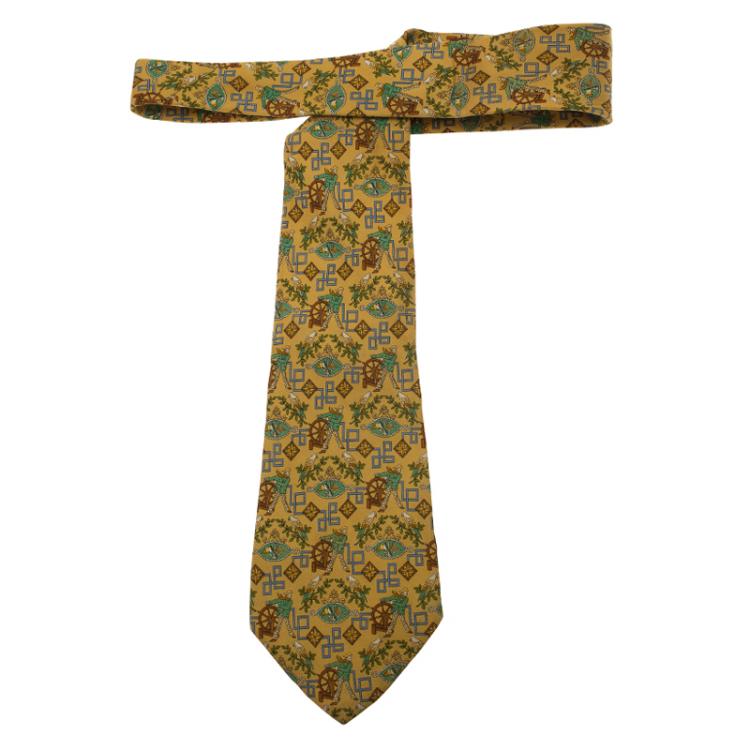 Pre Owned Salvatore Ferragamo Yellow Farmer and Birds Print Silk Tie