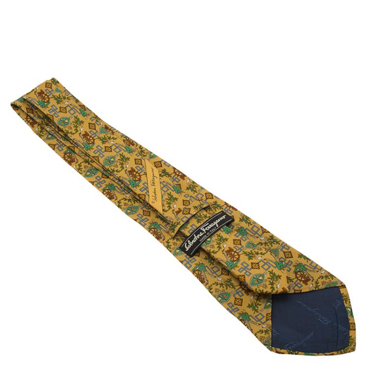 Pre Owned Salvatore Ferragamo Yellow Farmer and Birds Print Silk Tie