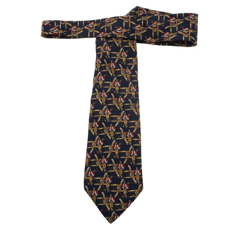 Pre Owned Salvatore Ferragamo Navy Blue Airplane and Pilot Print Silk Tie