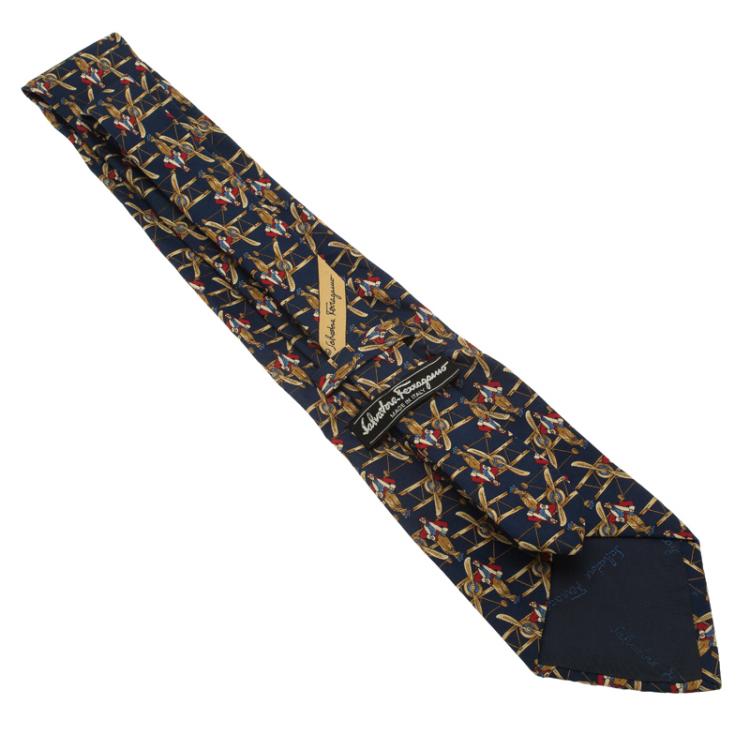 Pre Owned Salvatore Ferragamo Navy Blue Airplane and Pilot Print Silk Tie
