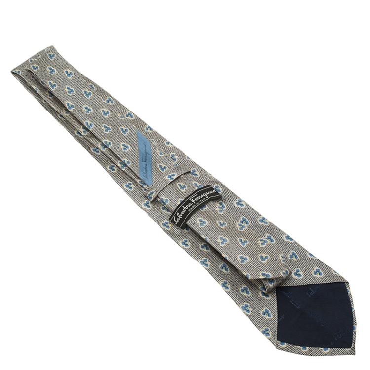 Pre Owned Salvatore Ferragamo Grey and Blue Floral Print Silk Tie
