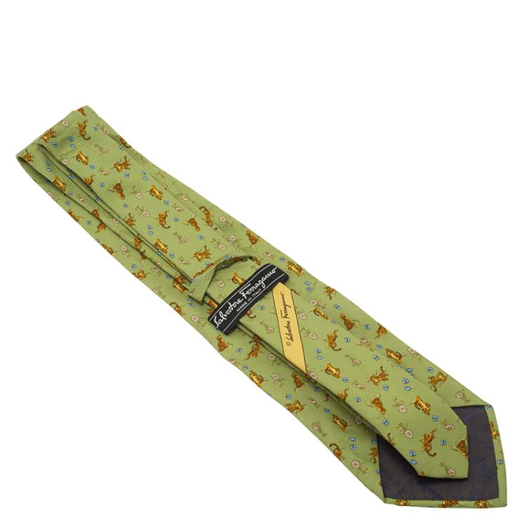 Pre Owned Salvatore Ferragamo Green Tiger and Flower Print Silk Tie
