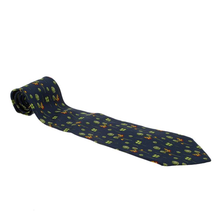 Pre Owned Salvatore Ferragamo Navy Blue Leaf and Butterfly Print Silk Tie