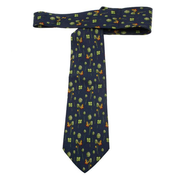 Pre Owned Salvatore Ferragamo Navy Blue Leaf and Butterfly Print Silk Tie
