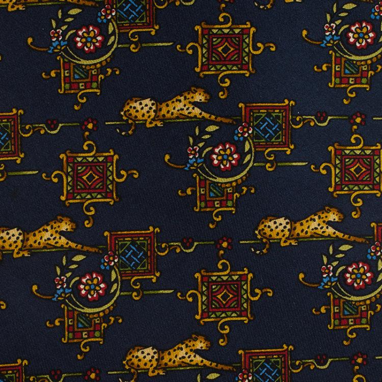 Pre Owned Salvatore Ferragamo Navy Blue Leopard Print Silk Tie
