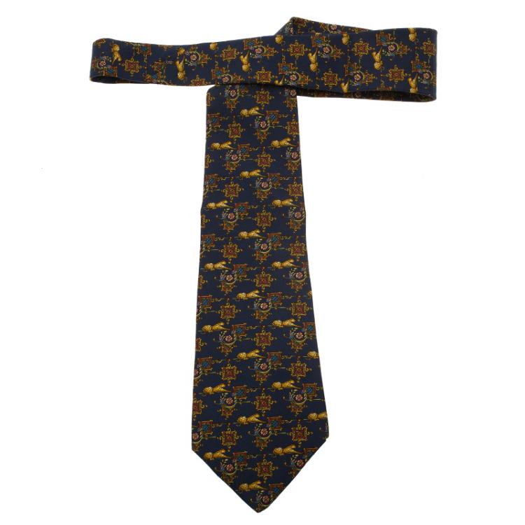 Pre Owned Salvatore Ferragamo Navy Blue Leopard Print Silk Tie