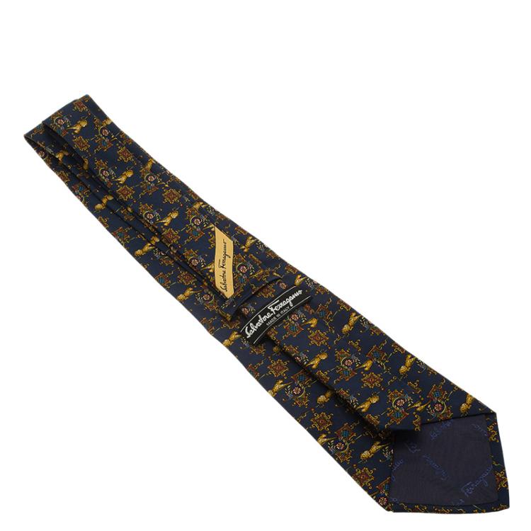 Pre Owned Salvatore Ferragamo Navy Blue Leopard Print Silk Tie