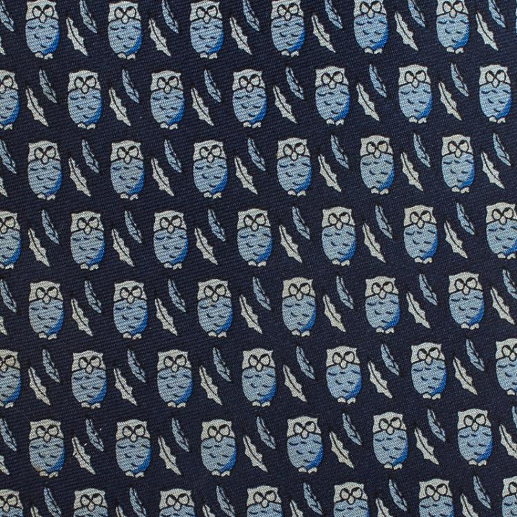 Pre Owned Salvatore Ferragamo Navy Blue Owl Print Silk Tie