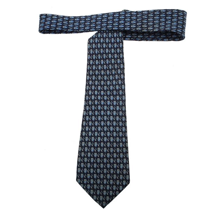 Pre Owned Salvatore Ferragamo Navy Blue Owl Print Silk Tie