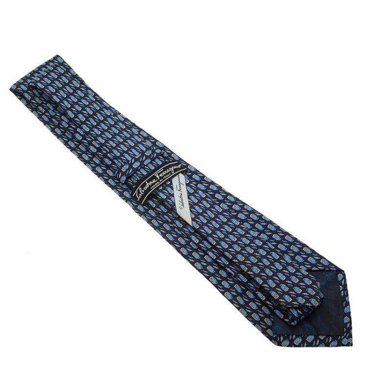 Pre Owned Salvatore Ferragamo Navy Blue Owl Print Silk Tie