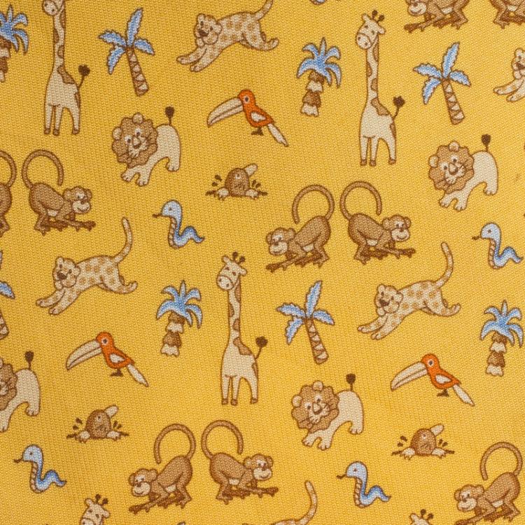 Pre Owned Salvatore Ferragamo Yellow Animals Print Silk Tie