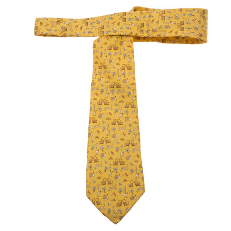 Pre Owned Salvatore Ferragamo Yellow Animals Print Silk Tie