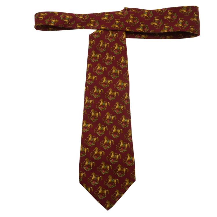 Pre Owned Salvatore Ferragamo Red Horse Print Silk Tie