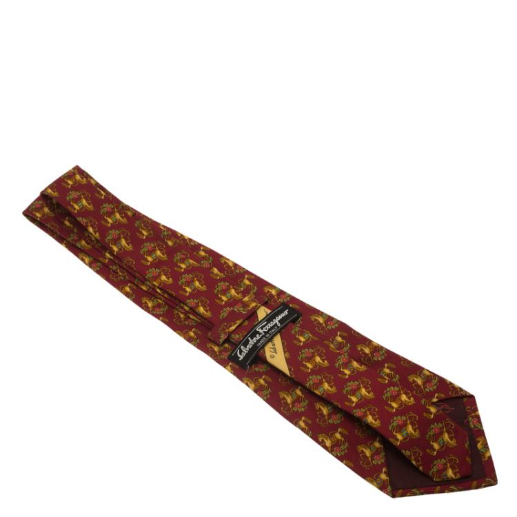 Pre Owned Salvatore Ferragamo Red Horse Print Silk Tie
