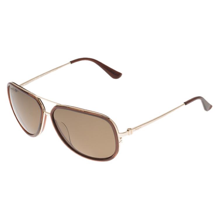 مملوكة مسبقًا Salvatore Ferragamo Brown and Gold SF637SP Aviator Sunglasses 