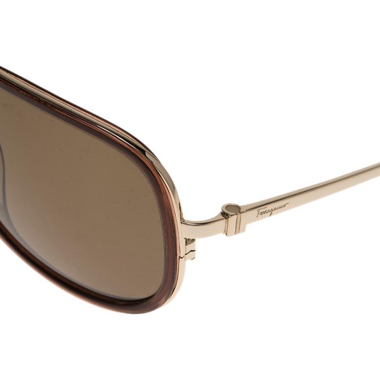 مملوكة مسبقًا Salvatore Ferragamo Brown and Gold SF637SP Aviator Sunglasses 