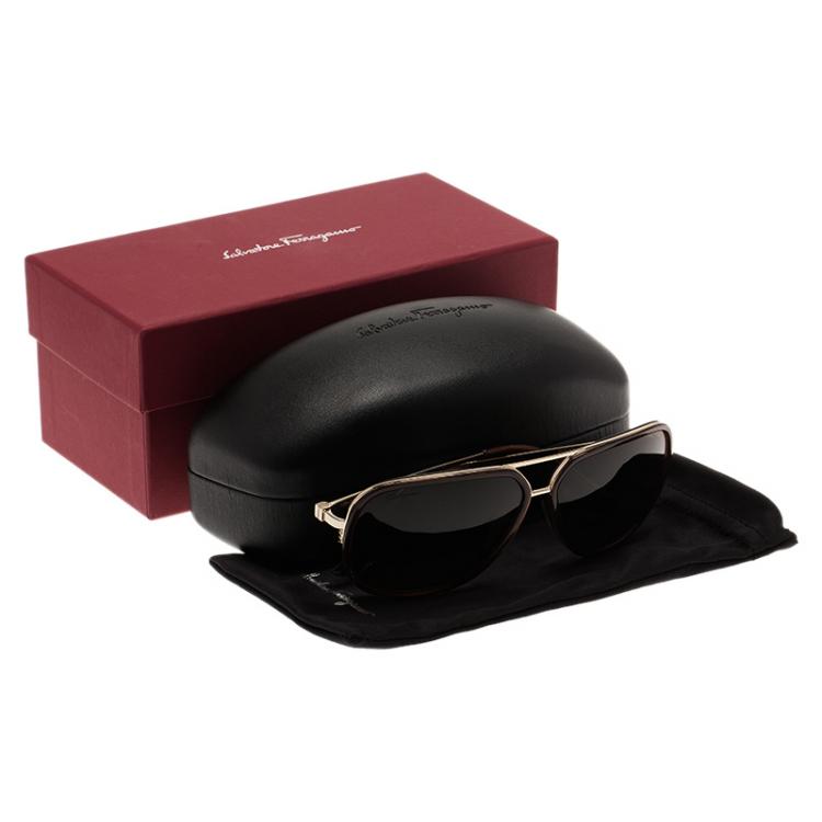 مملوكة مسبقًا Salvatore Ferragamo Brown and Gold SF637SP Aviator Sunglasses 