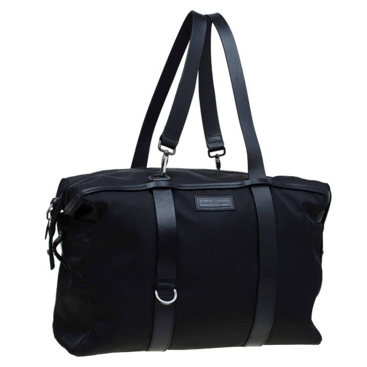 Pre Owned Salvatore Ferragamo Black Nylon and Leather Strap Weekender Bag