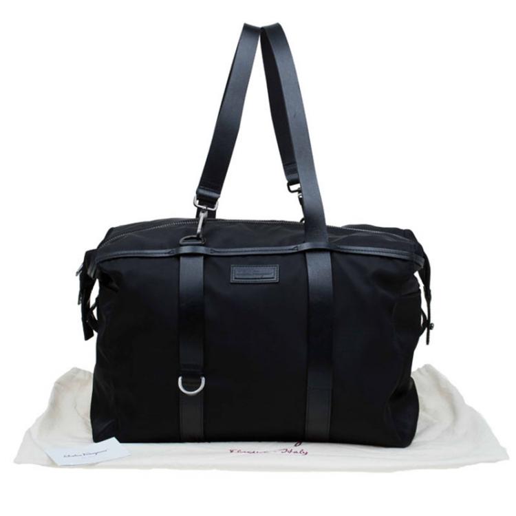Pre Owned Salvatore Ferragamo Black Nylon and Leather Strap Weekender Bag