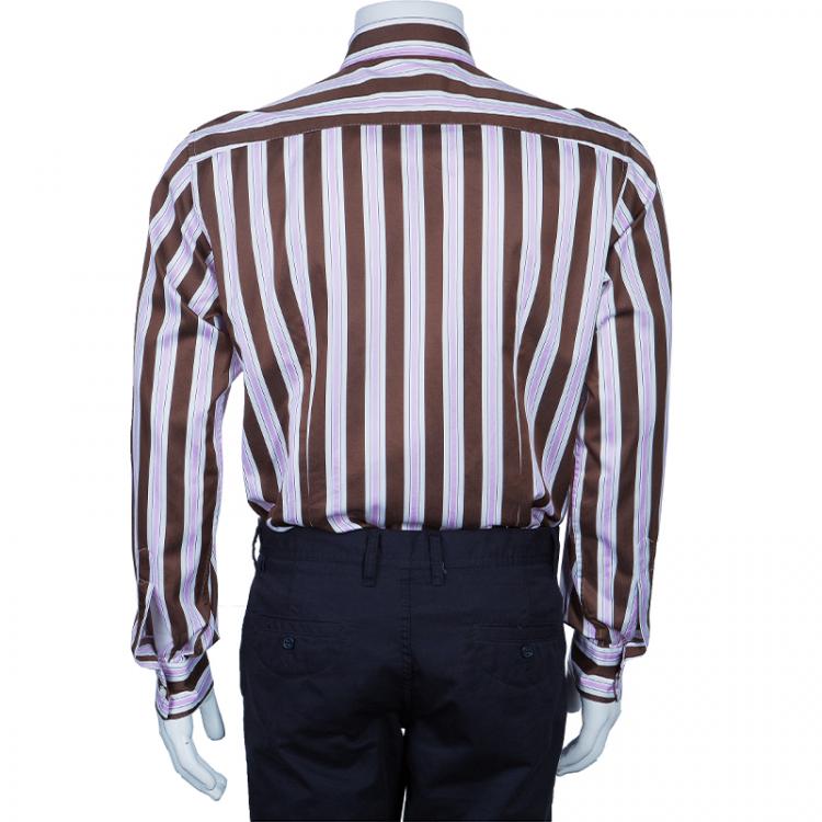 Pre Owned Salvatore Ferragamo Men's Brown and Pink Striped Shirt L