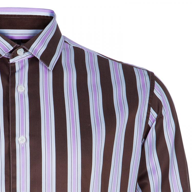 Pre Owned Salvatore Ferragamo Men's Brown and Pink Striped Shirt L
