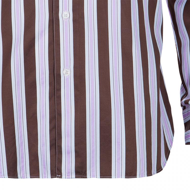 Pre Owned Salvatore Ferragamo Men's Brown and Pink Striped Shirt L