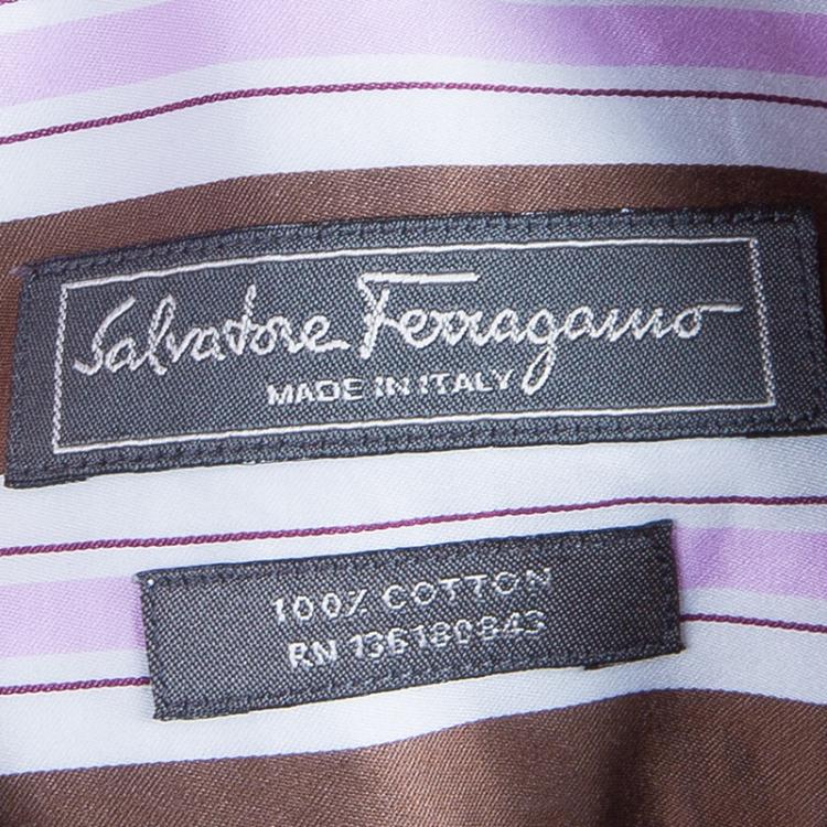 Pre Owned Salvatore Ferragamo Men's Brown and Pink Striped Shirt L