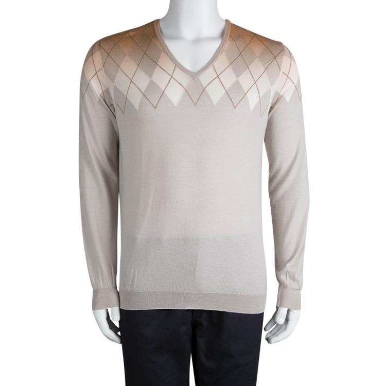 Pre Owned Salvatore Ferragammo Beige Argyle Pattern V-Neck Sweater M