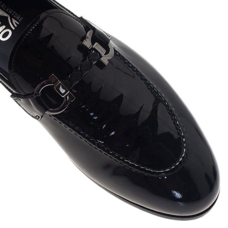 Pre Owned Salvatore Ferragamo Black Patent Gancino Bit Loafers Size 42.5